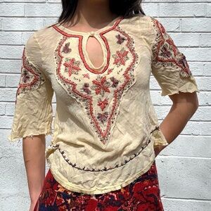 Free People Y2K Embroidered Boho Peasant Top Made in India SP